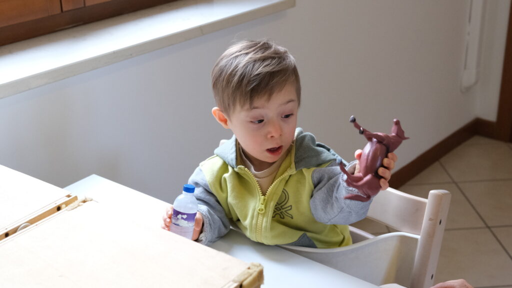 bambino affetto da sindrome di down gioca con un animale giocattolo